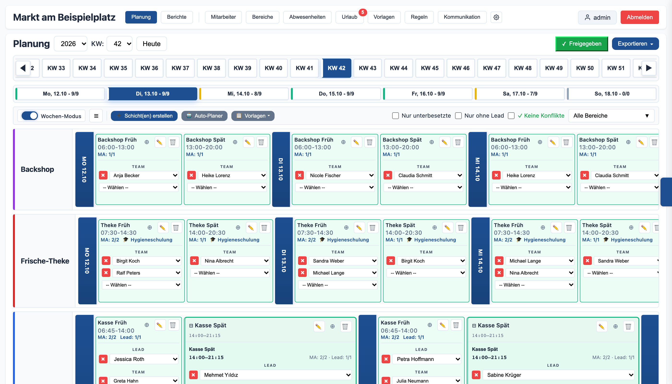 OwnShift Wochenplanung: Schichten je Bereich und Tag mit zugewiesenen Mitarbeitern und Besetzungsstatus