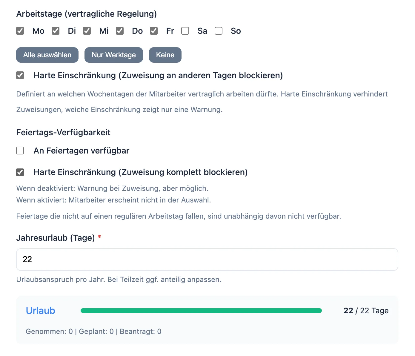 Mitarbeiter-Details mit Arbeitstagen